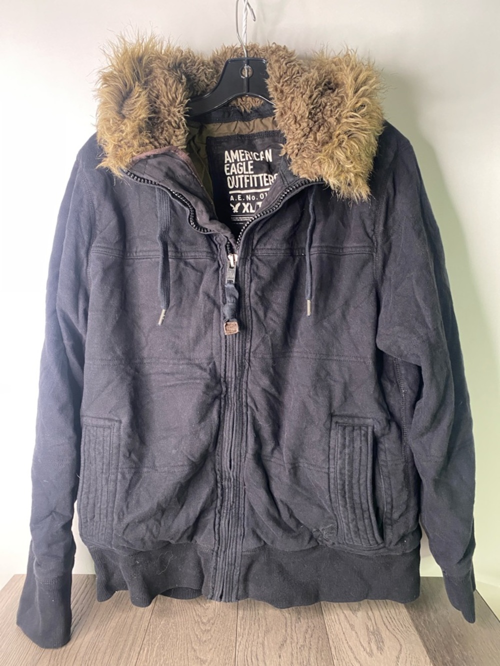 Vtg Y2K American Eagle Outfitters Men's XL Blk Hooded Jacket Faux Fur Trim 1424